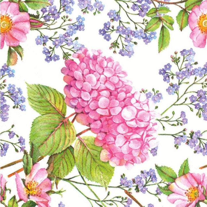 Салфетка за декупаж Pink Hydrangea and Forget-Me-Not Flowers - 1брой — изображение 1