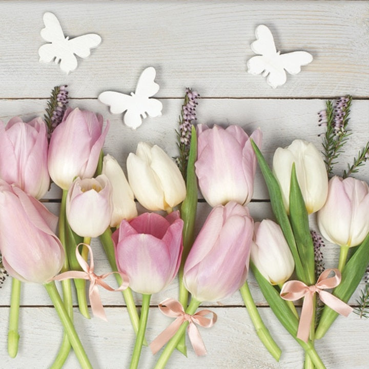Салфетки за декупаж White & Pink Tulips on Wood - 1 брой — изображение 1