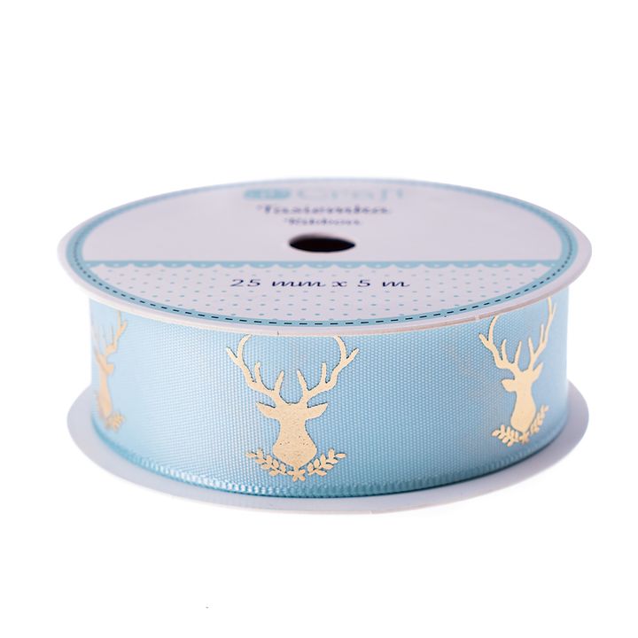 Сатенена декоративна панделка 25 мм х 5 м - Frosty Mint - Deer — изображение 1