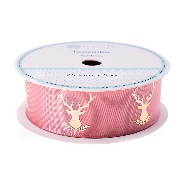 Сатенена декоративна панделка 25 мм х 5 м - Frosty Pink - Deer — изображение 1