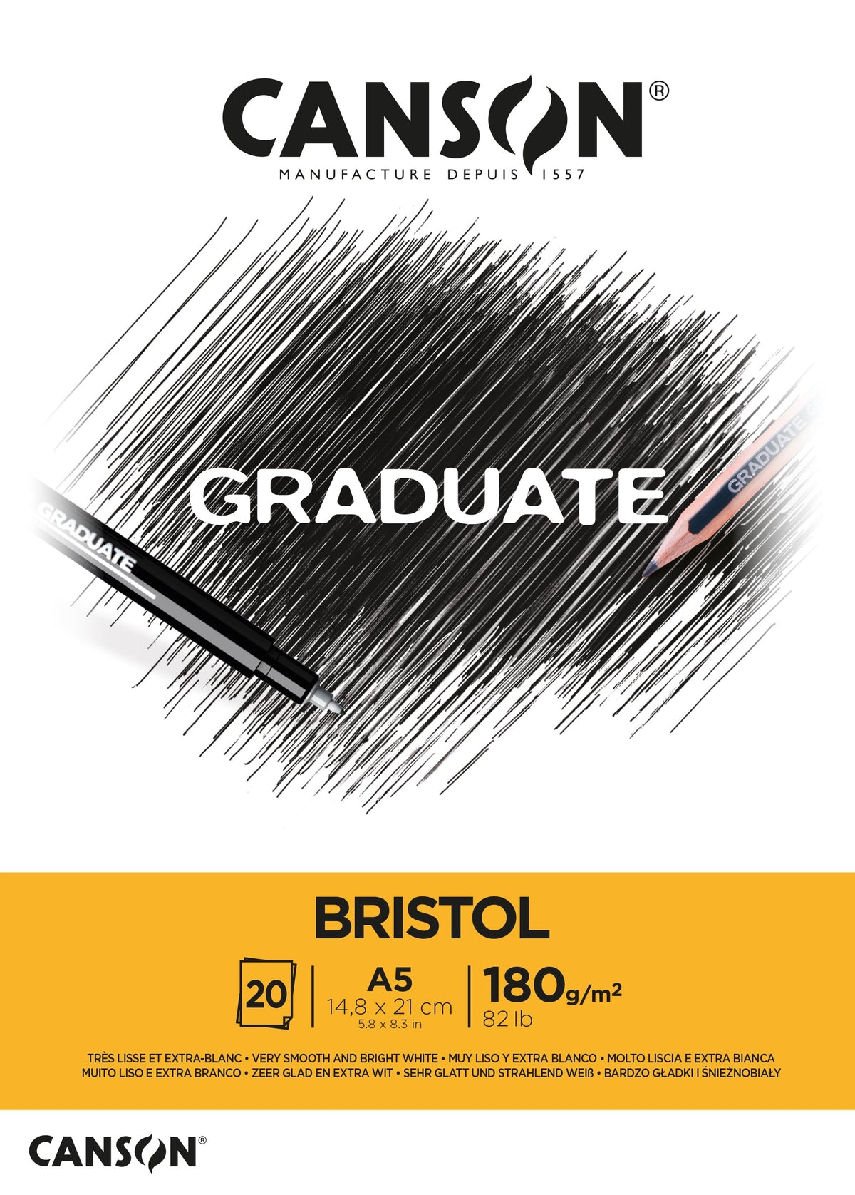 Скицник Canson Graduate Bristol 180 g/m² - 20 листа, A5 лепен