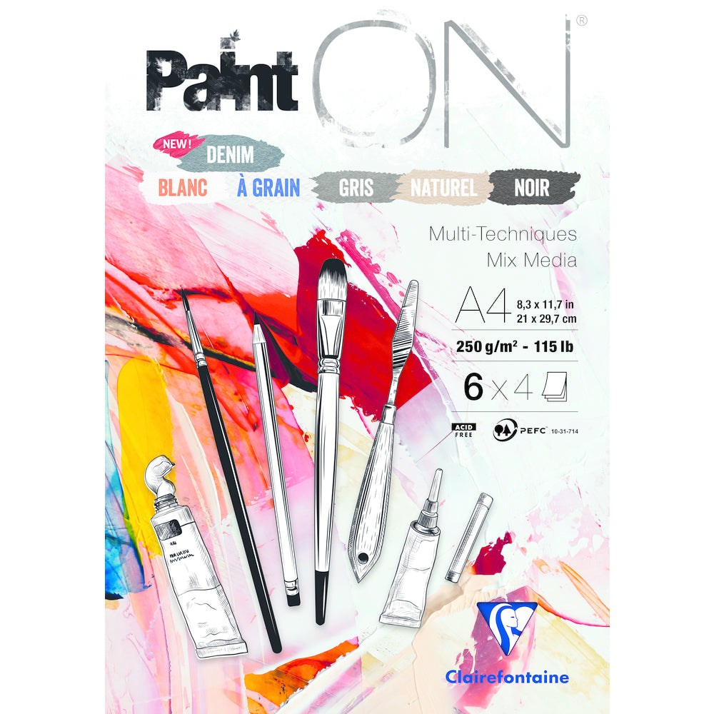 Скицник Clairefontaine Paint'On Mix Media № 6 250 g 24л. залепен различни цветове