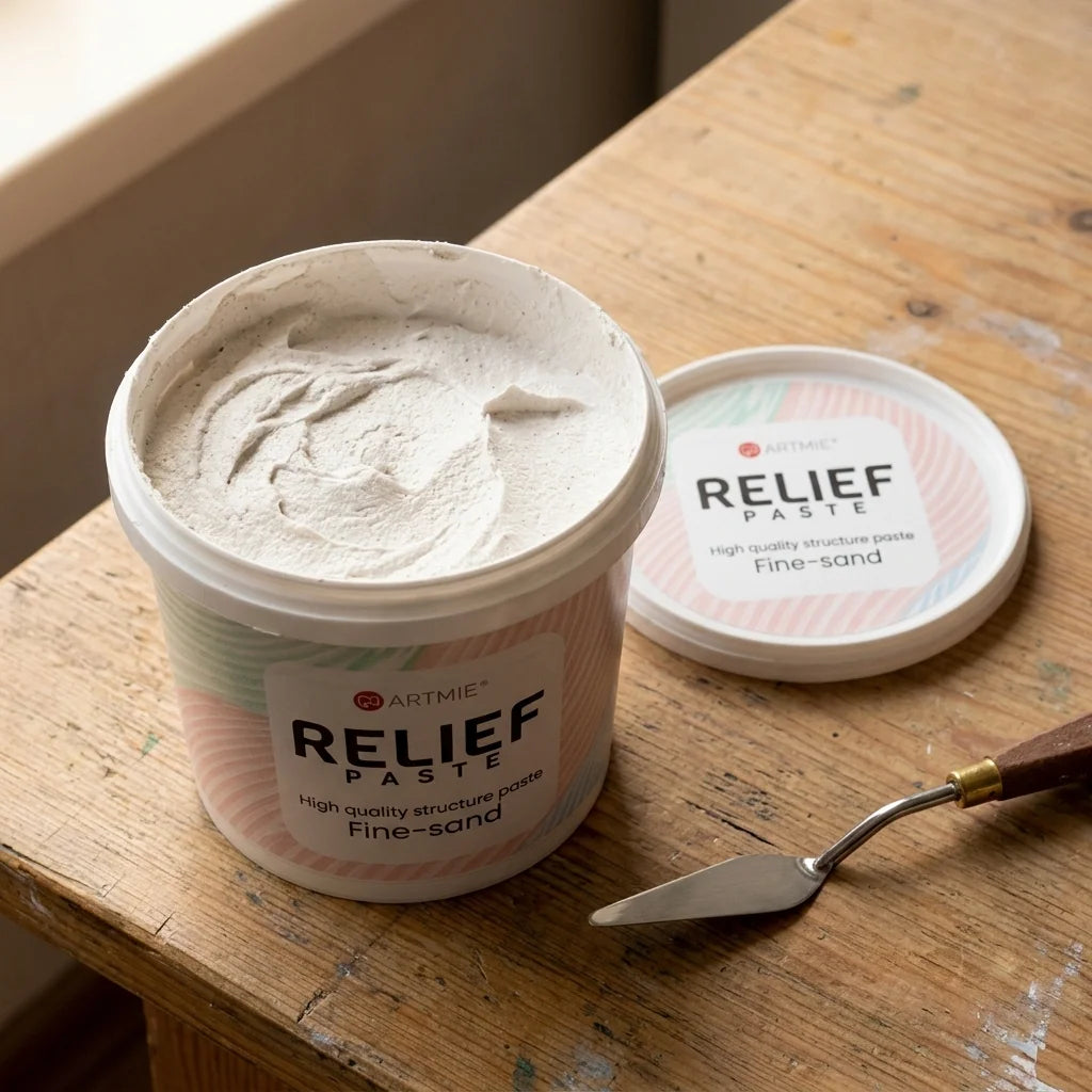 Отворена опаковка ARTMIE Relief Paste — видима пясъчна структура на пастата вътре
