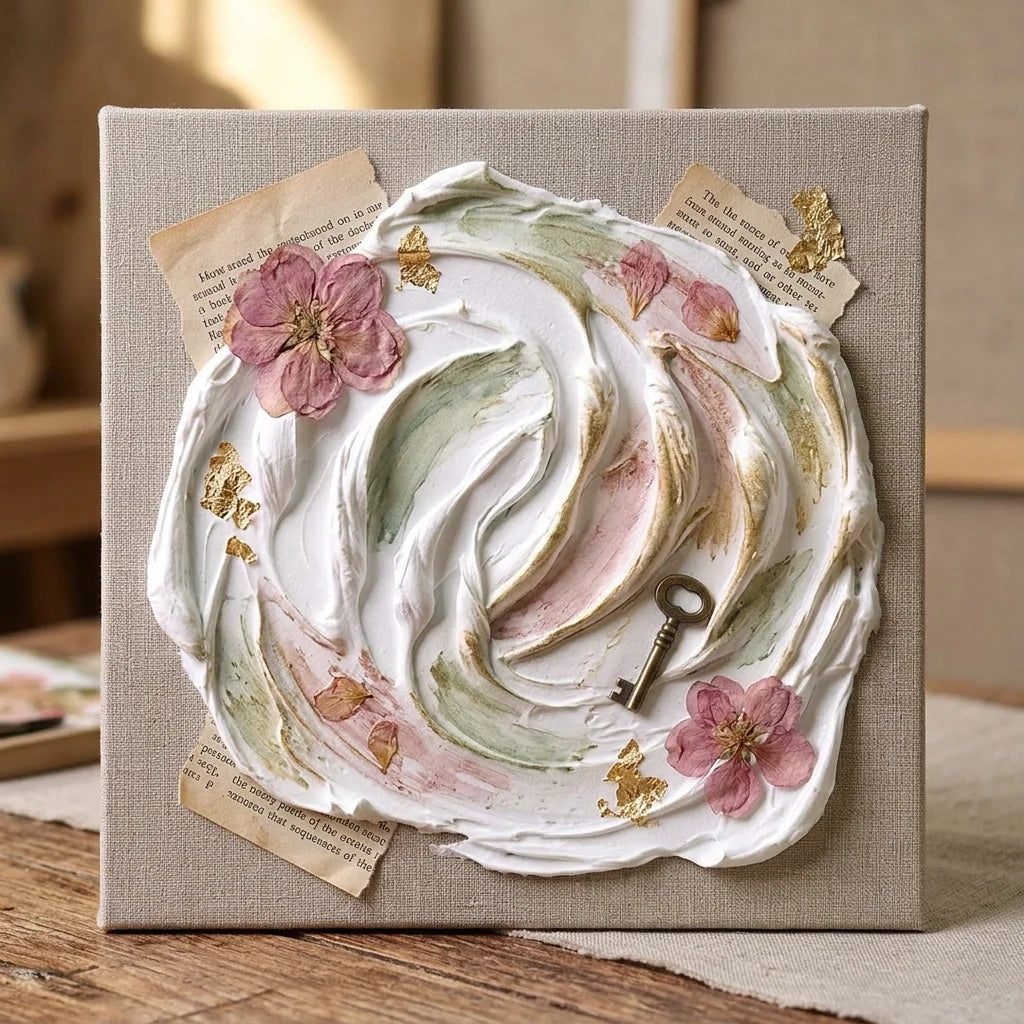 Mixed media колаж с паста Butter — сухи цветя, винтидж хартия, месингов ключ