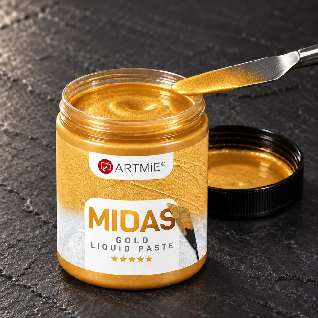 Отворено бурканче ARTMIE MIDAS — златна течна метална паста с видим блясък