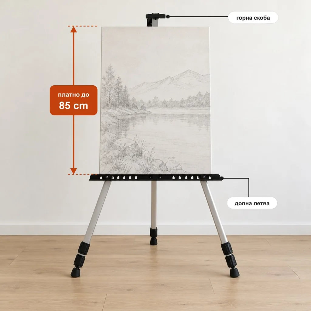 Платно с височина до 85 cm в регулируемите държачи на статива Royal ALUMINIUM