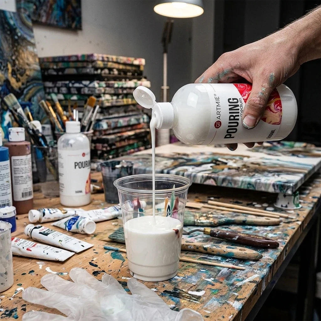 Изливане на бял медиум за pouring ARTMIE от шишенце 500 мл в чаша